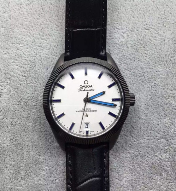 Omega Globemaster Master DLC Blue Pointer White Dial Leather Strap A8900