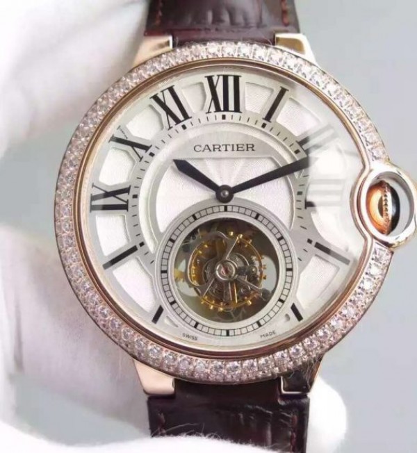 Cartier Ballon Bleu Tourbillon RG Diamond Bezel Brown Leather Strap