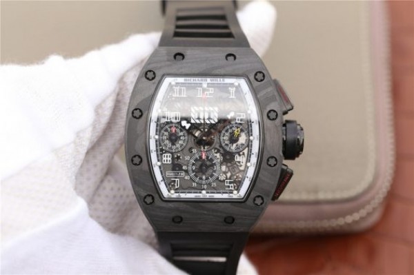 Richard Mille RM011 NTPT Carbon Case Chronograph KVF Skeleton Dial White Inner Bezel Black Rubber Strap A7750