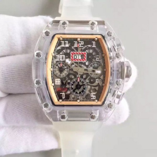 Richard Mille RM011 Transparent Case RG/Black Bezel Skeleton Dial White Rubber Strap A7750