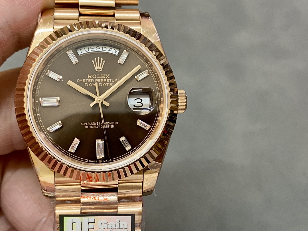 Rolex Day-Date 40 Rose Gold Chocolate Baguette Diamond Dial 228235